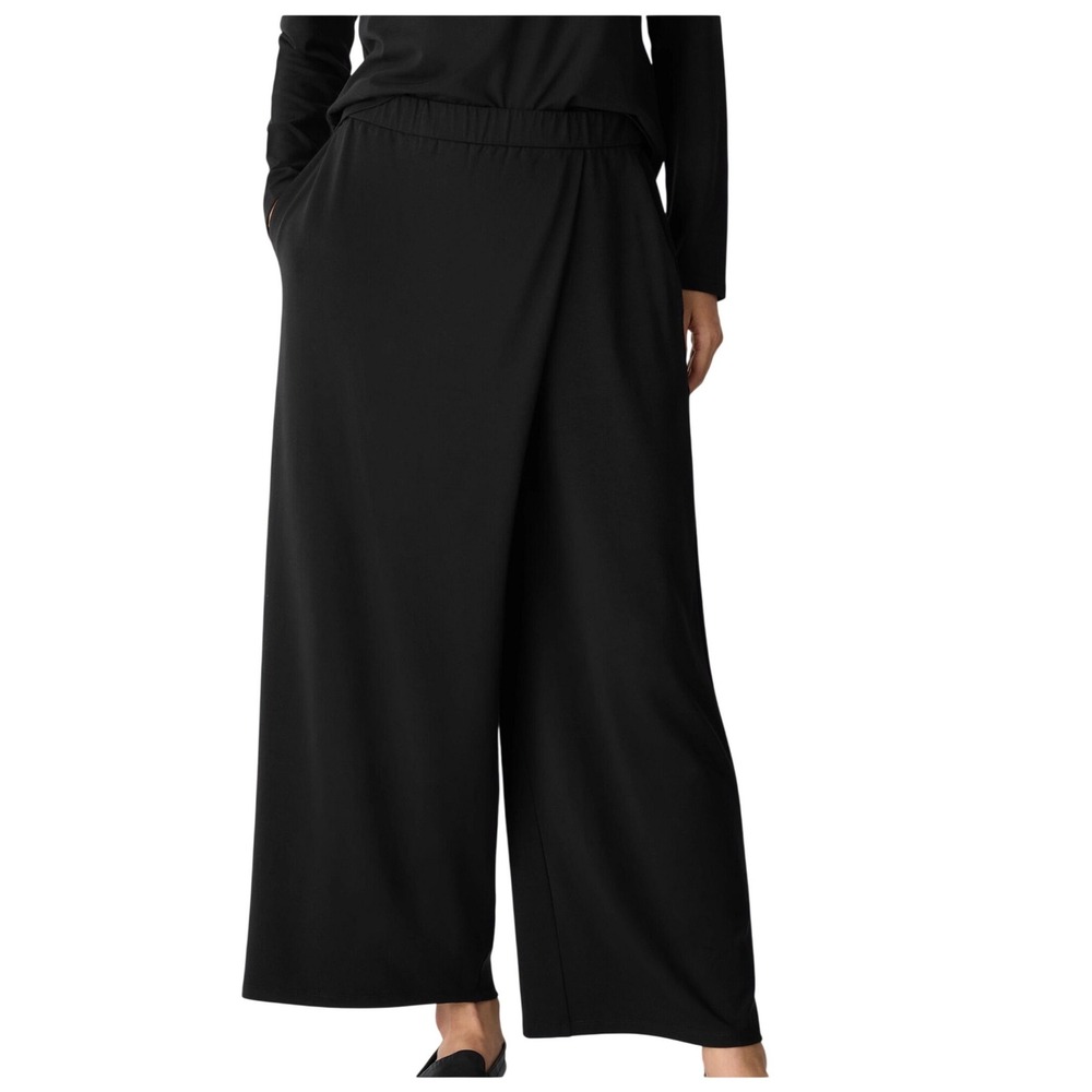Eileen Fisher Stretch Jersey Knit Wrap Pants Black S/P Wide Leg Minimalist